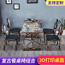  Theme Retro wheel table and chair Wrought iron table and chair Horn chair Hot pot shop snack bar table and chair fast food table and chair combination