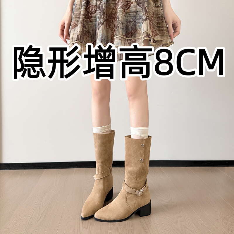 Women's 8cm Internal Height-Increasing Chunky Heel Pointed Toe Long Boots, 2026 Autumn/Winter Dual-Wear Mid-Calf Western Riding Boots, High-Heeled Long Boots Women's 8cm Internal Height-Increasing Chunky Heel Pointed Toe Long Boots, 2026 Autumn/Winter Dual-Wear Mid-Calf Western Riding Boots, High-Heeled Long Boots