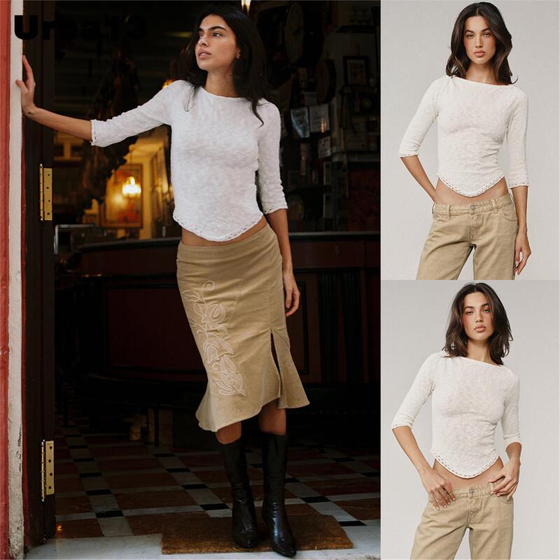Authentic with Jean Knitwear 26 Autumn/Winter New Style Boat Neck Crochet Top with Three-Quarter Sleeves and Long Sleeves