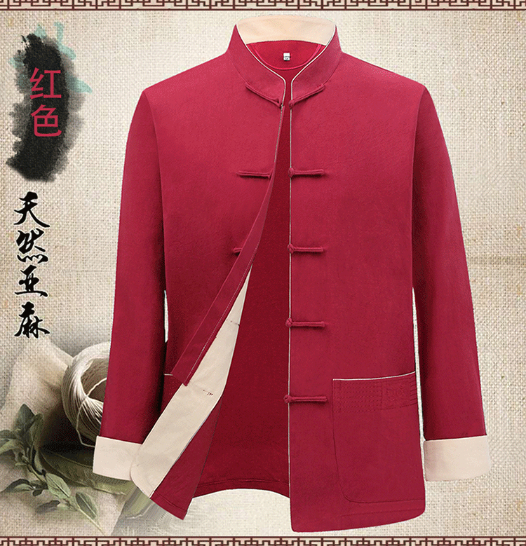 Tang phù hợp với phong cách Trung Quốc cotton nam và áo khoác lanh nam quốc phục trung niên giản dị Trung Quốc áo khoác dài tay áo dài bộ đồ truyền thống