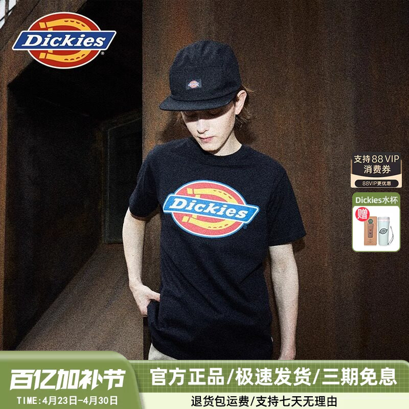 Dickies26 New Classic Three-Color Cow Collar Logo Large Print Casual Style Short-Sleeved T-Shirt for Men and Women Couples