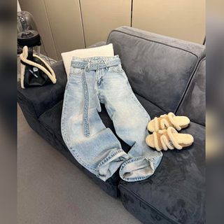小众设计一体腰带腔调感磨白洗水窄版弯刀牛仔裤女大码直筒阔腿裤