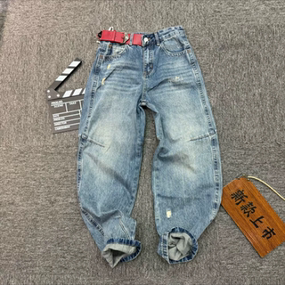 欧货直筒弯刀牛仔裤女2026春季新款大码梨型宽松显瘦设计阔腿裤子