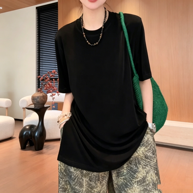 Summer Thin Loose Drapey Regular Shoulder T-Shirt 2026 Plus Size Slimming Versatile Simple Commuter Round Neck Slit Top Summer Thin Loose Drapey Regular Shoulder T-Shirt 2026 Plus Size Slimming Versatile Simple Commuter Round Neck Slit Top