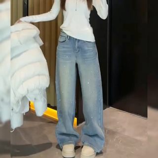 大码女装满天星烫钻时尚牛仔裤2026春季高腰宽松显瘦阔腿拖地裤子