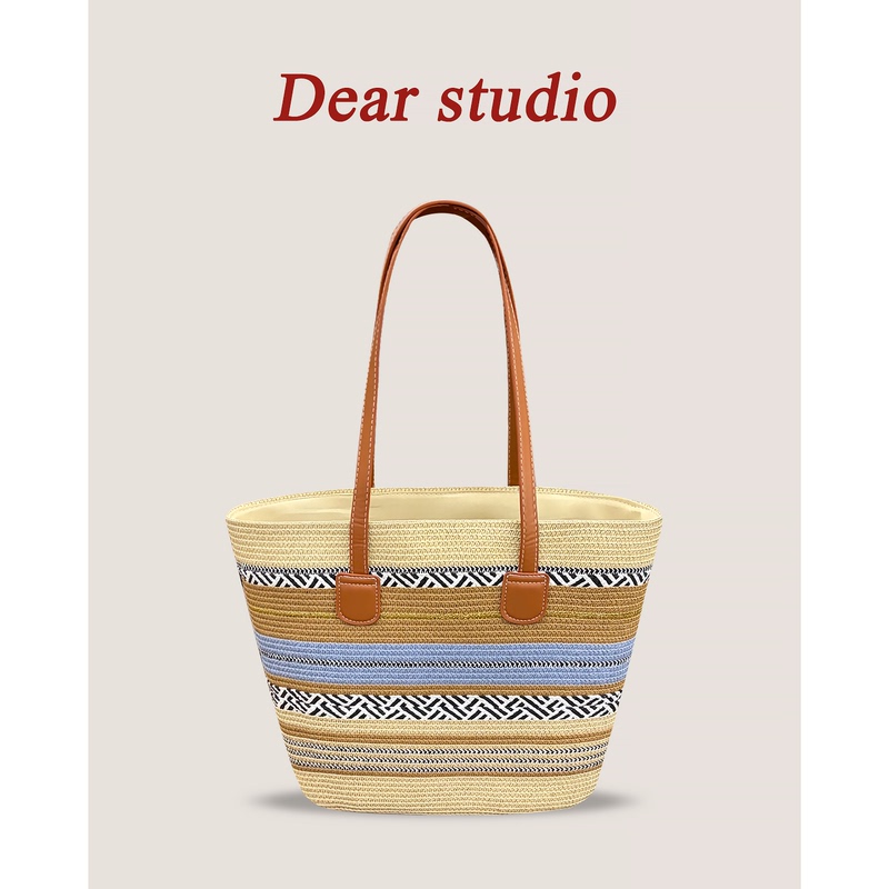 Bohemian Striped Straw Tote Bag, Durable, Large Capacity, Suitable for Beach, Work, and Vacation, Dual-Use Straw Bag, Shoulder Bag