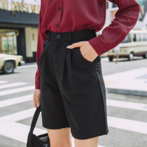 Port wind retro five-point pants trousers womens straight high waist thin wild black casual frock shorts womens loose