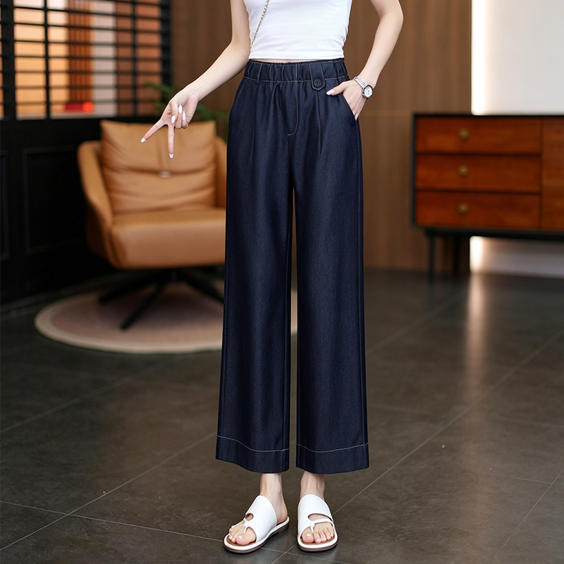 2026 Summer Thin High-Waisted Wide-Leg Soft Denim Pants for Women, Casual Versatile Cropped Straight-Leg Pants for Petite Figures