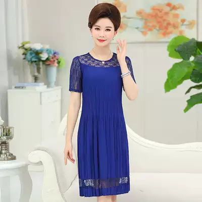 中老年女夏裝短袖蕾絲洋裝大尺碼媽媽裝寬鬆中長裙子百褶裙打底裙