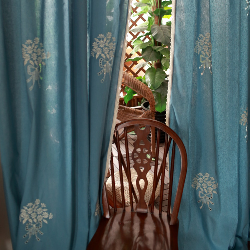 American Country Cotton Linen Embroidery Finished Aesthetic Art Curtain Wear Rod Curtain Mediterranean Style Blue Bouquet