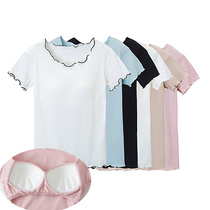 Ruffled short-sleeved blend no-wear bra without steel ring with chest pad Cup one-piece wooden ear T-shirt casual base