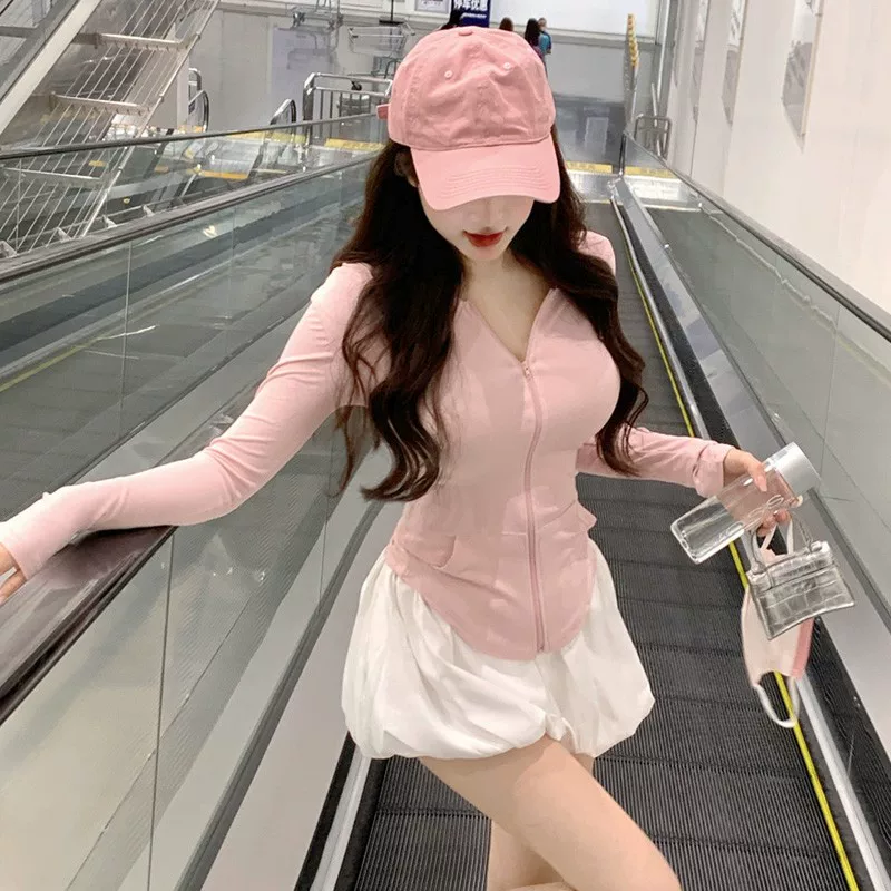 Фуксия тонкая линия одежда для солнца с капюшоном, sexy спортивная укороченная кофта, комплект, защита UV, приталенный