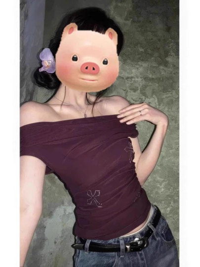 French-Style Sexy Off-Shoulder Short-Sleeve T-Shirt for Women, Summer Sweet and Spicy Chic Waist-Cinching Short Purple Top