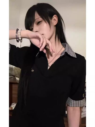 American Retro Plaid Patchwork Polo Collar Short-Sleeved T-Shirt for Women Summer 2026 New Style Y2K Hot Girl Fake Two-Piece Top