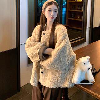 Lazy Style Loose Milk Tea-Colored Lamb Wool Coat for Women, Winter Korean Style Petite Fluffy Warm Top, Black