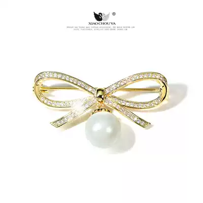 High-end micro-inlaid zircon bow pearl temperament brooch female simple buckle anti-light pin fixed clothes accessories