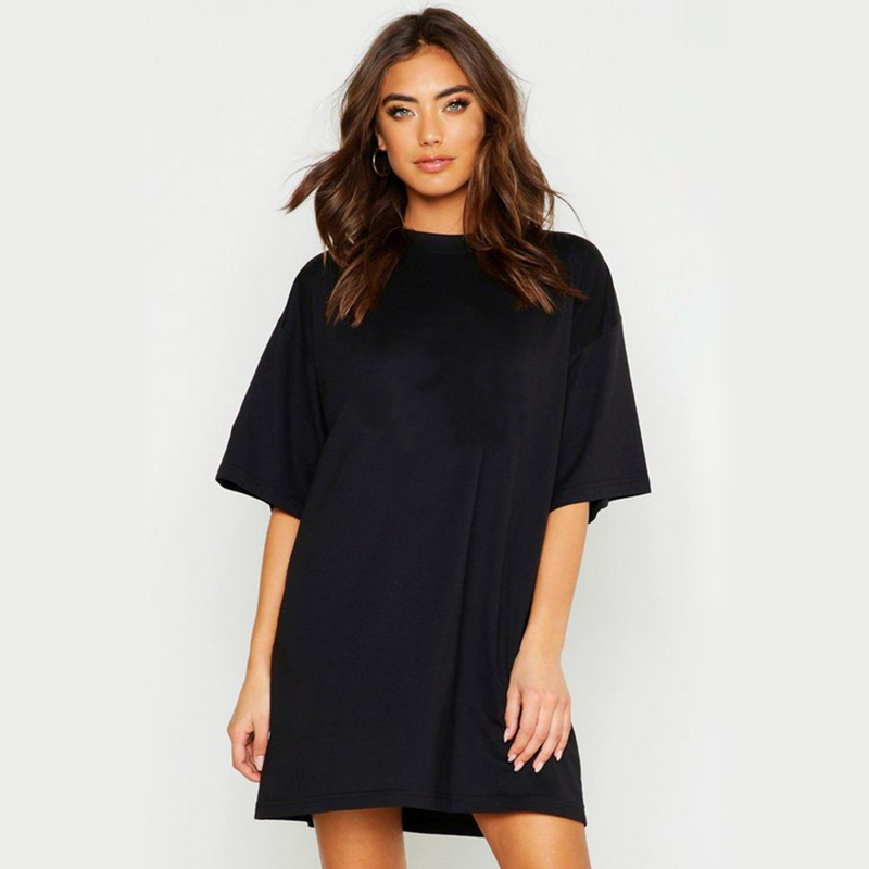 ins Street Style Long Oversized Plus Size T-Shirt for Women, Loose Fit, Pure Black, Short Sleeve, Pure Cotton, Slimming Effect