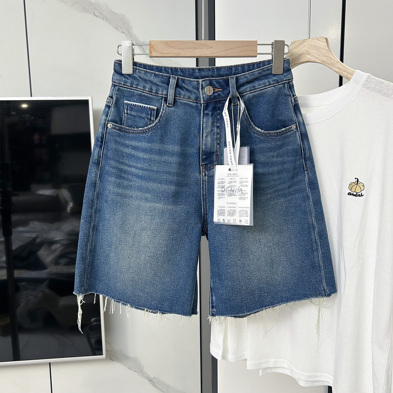 Four-Way Stretch Blue High-Waisted Slimming Frayed Denim Mid-Length Shorts for Women, Summer Loose Wide-Leg Straight Five-Point Shorts