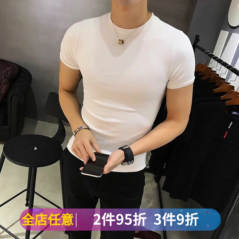 Tide-card Summer short sleeve T-shirt men tight half sleeves round collar Korean version trend to fix pure cotton white undershirt