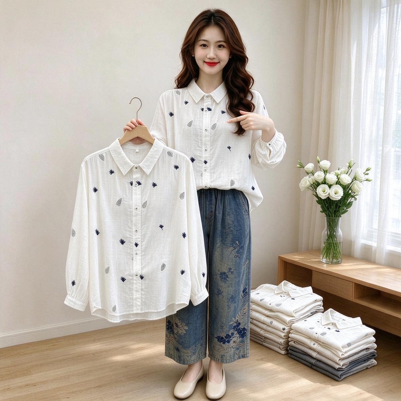 Double-Layer Cotton Gauze Long-Sleeved Shirt for Women, Forest-Style, Artistic, Fresh, Leaf Embroidery, Soft, Skin-Friendly, Breathable Cotton Top for Women