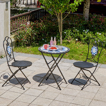 European style outdoor table and chair courtyard open mosaic iron network red folding table and chair combination three pieces of villa garden