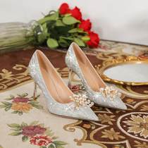 Wedding Shoes Woman 2022 New Bridesmaid Bridal Show and wedding dress Two wearing pointed thin heel silver High heel shoes not tired