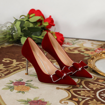 Wedding shoes 2022 New bridesmaids bride wedding shoes Pointed Butterfly Knot water drill fine heel Show and red heels
