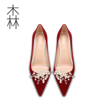 2022 New bridesmaids bride wedding shoes woman pointed fine heel single shoe show and pearl water drill red high heel shoes