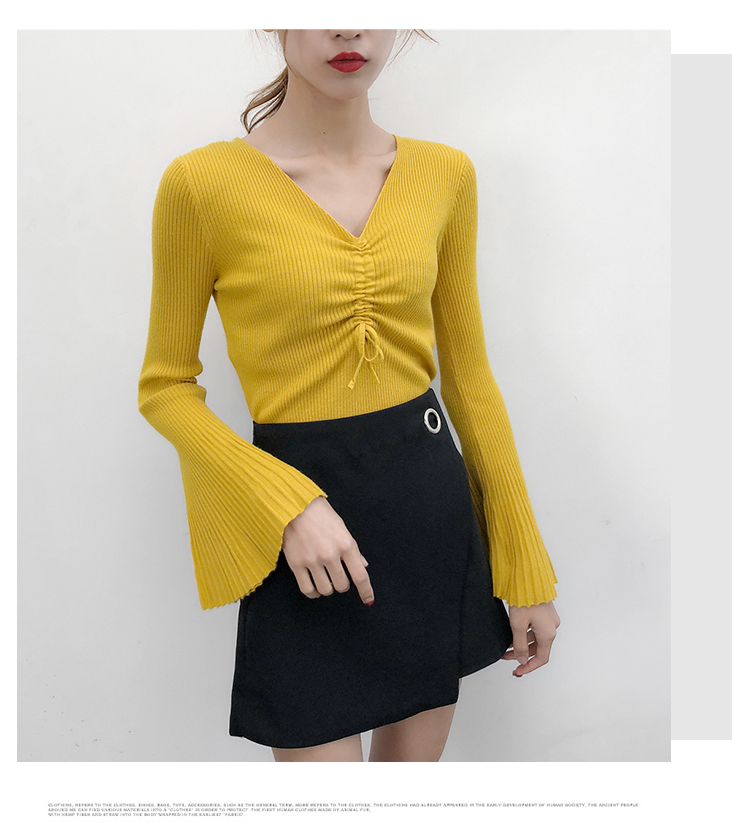 Áo len mùa thu đông 2018 nữ phiên bản Hàn Quốc mới nhất của chiếc áo cổ chữ V dây rút dài tay xếp ly tay áo kèn đan áo len form rộng