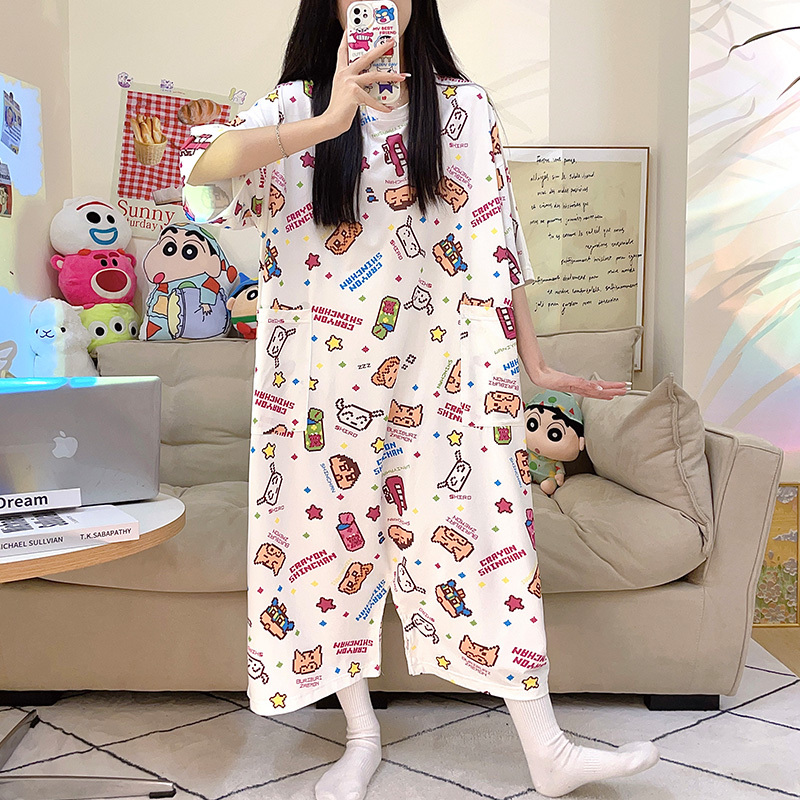 Crayon Shin-Chan Pajamas for Women, Summer Short-Sleeved, Cool Ice Silk, Cute, Large Size, Long One-Piece Nightgown, Loungewear for Summer