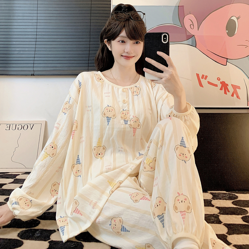 Plus Size Extra Large 150kg Pajamas for Women, Spring and Autumn Style, Long-Sleeved Cloud Cotton, Korean Style, Cute, Loose-Fitting, Plus-Size Loungewear