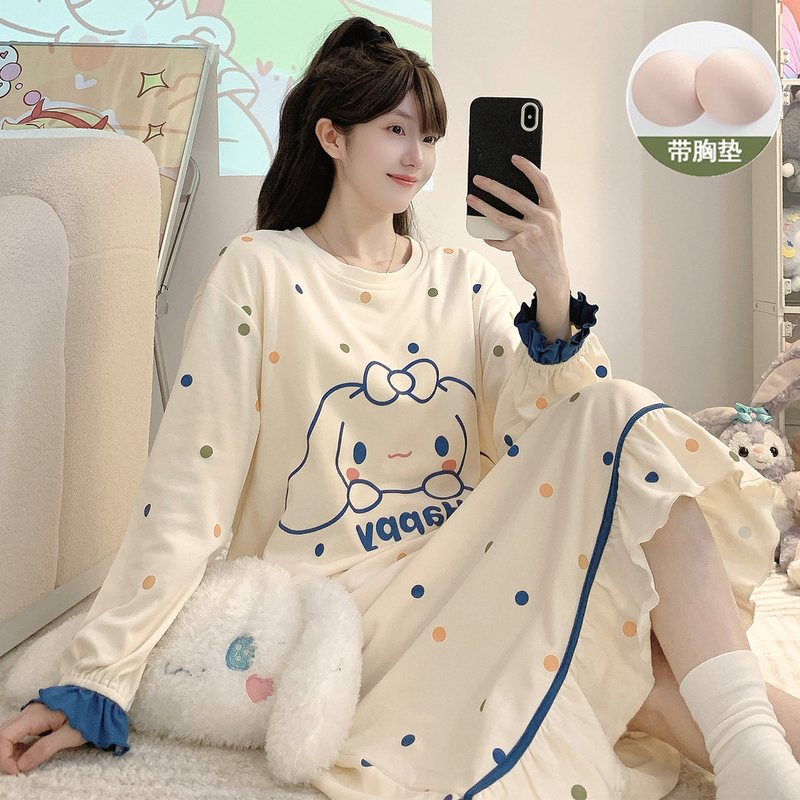 Pure Cotton Nightgown for Women with Chest Pads, Long Sleeves, Spring and Autumn Style, Plus Size 100kg Nightgown, Long Style, Can Be Worn Outside, Home Wear Pure Cotton Nightgown for Women with Chest Pads, Long Sleeves, Spring and Autumn Style, Plus Size 100kg Nightgown, Long Style, Can Be Worn Outside, Home Wear