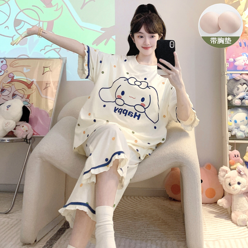 Cinnamon Dog Pajamas with Breast Pads for Women, Pure Cotton, Summer Short-Sleeved, Three-Quarter Pants, Thin, Large Size 100kg Home Wear Set