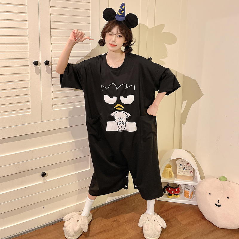 Cool Penguin One-Piece Pajamas for Women Summer Short-Sleeved Pure Cotton Cartoon Nightdress Summer Loose Large Size 100kg Homewear