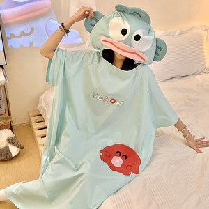 Ugly Fish Hooded Nightgown for Women, Summer Pure Cotton Short-Sleeved Thin Cute and Quirky Pajamas, Large Size Loose Internet Celebrity Loungewear