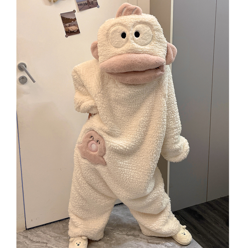 White Ugly Fish One-Piece Pajamas for Women, Autumn and Winter Coral Fleece Thickened Warm Robe, Quirky Cartoon Plus-Size Loungewear