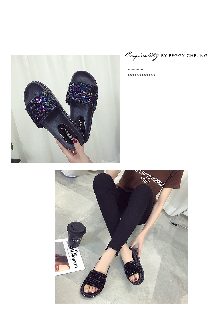Dép nữ mùa hè 2018 mới và dép nữ đi giữa có đính sequin kéo chống trượt dày dưới đáy biển đi biển đi biển dép adidas