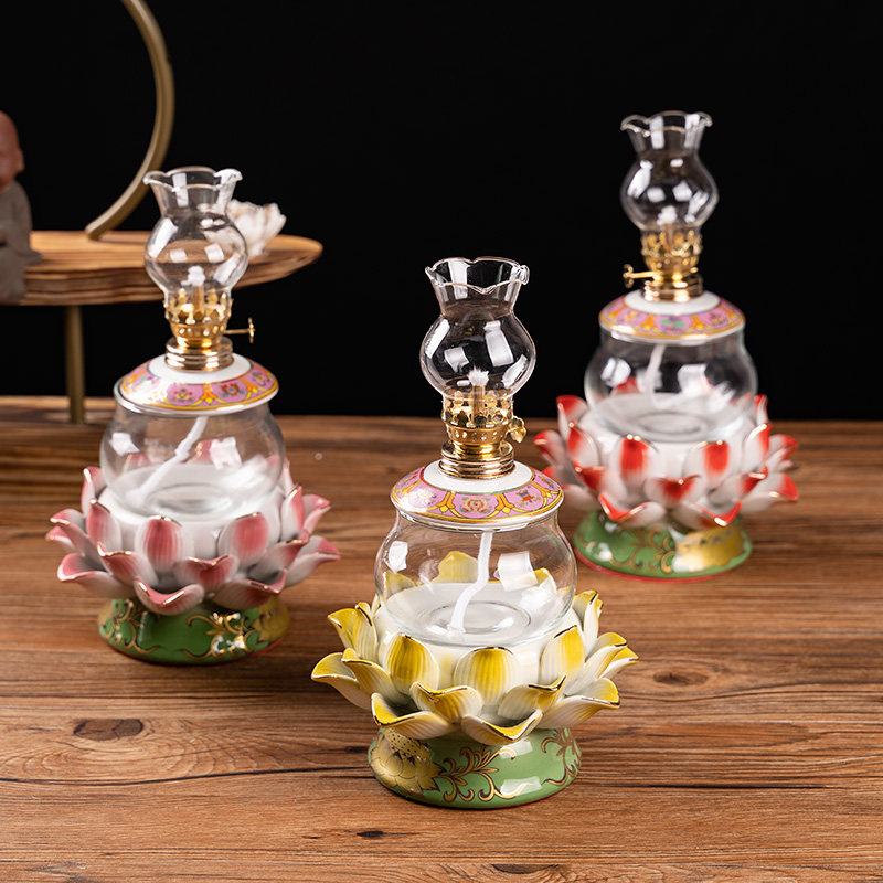 Lotus butter lamp ceramic butter lamp long bright lamp windproof lamp lampshade Buddha front lamp adjustable windproof Buddha lamp