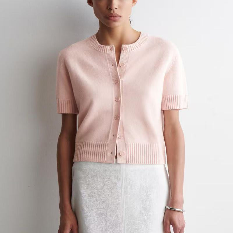 Original Cs Women's Casual Style Round Neck 100% Merino Wool Knitted Short-Sleeved Cardigan W118