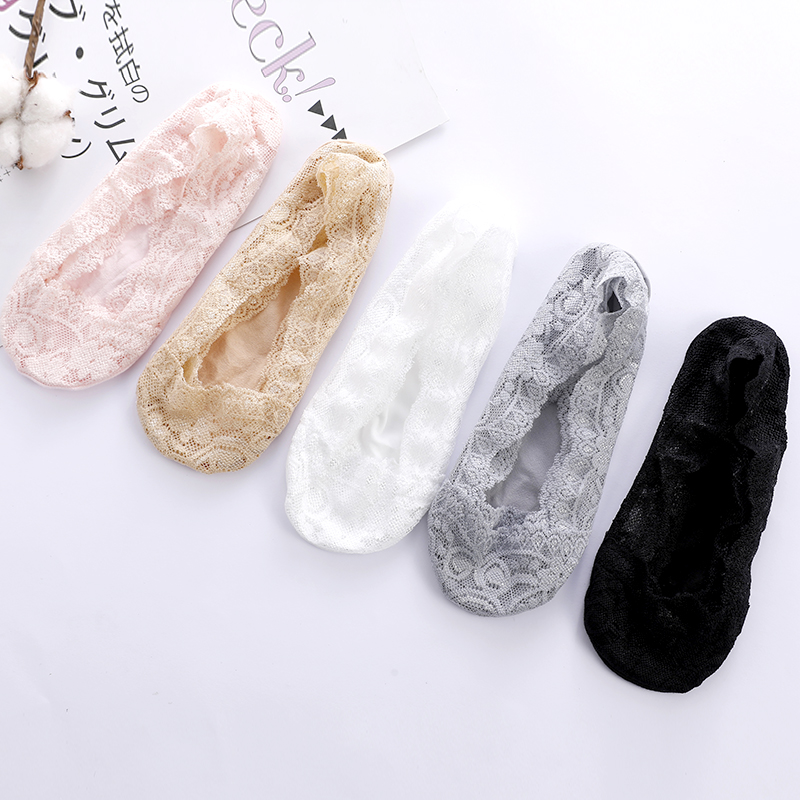 5 Double Dress Lace Lady Spring Summer Shallow Mouth Invisible Boat Socks Silicone Anti Slip Women Thin slim suction sweating Sport Wind