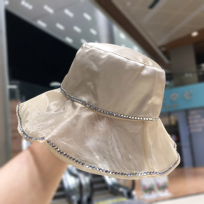 Korean ins diamond-encrusted silk fisherman's hat, women's mesh large brim, foldable summer sun protection and shade travel basin hat detail image 5