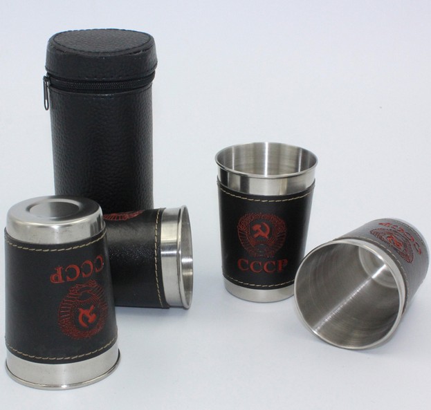Outdoor sports tourism large capacity kettle stainless steel cup 4 stainless steel cup with leather travel portable cup