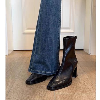 Sheepskin Version ~ Korean Style High-Heeled Square-Toe Slim Boots, Short Boots for Women, Chunky Heel, Retro Martin Boots, British Style Short Boots