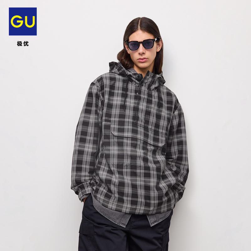 Gu Men's Half-Zip Jacket Casual Plaid Coat with Hood 2026 Autumn New Product 361329 Gu Men's Half-Zip Jacket Casual Plaid Coat with Hood 2026 Autumn New Product 361329