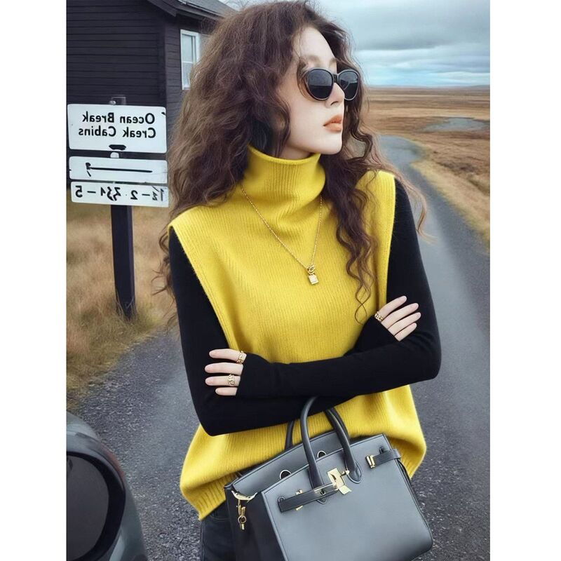 Yellow Turtleneck Knitted Vest for Women 2026 Autumn and Winter High-End Soft and Slimming Sleeveless Top Sweater Vest