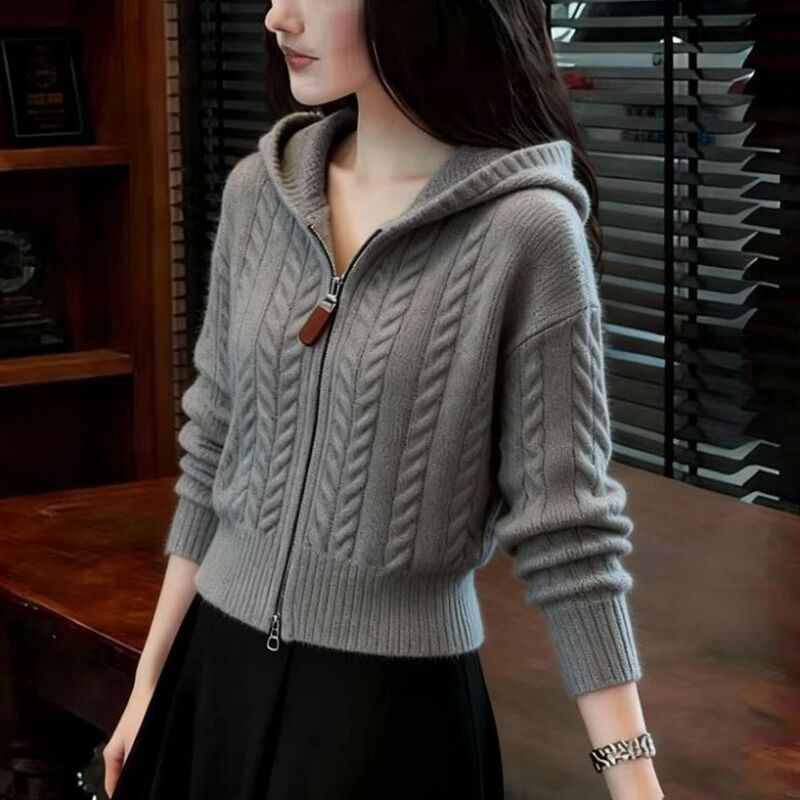 Korean-Style Gray Cable Knit Zip-Up Hooded Cardigan for Women, Versatile and Fashionable Short Sweater Jacket for Autumn and Winter 2026