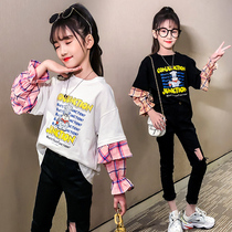 Childrens Chauded T-shirt Long sleeves Spring and autumn clothes 2020 Korean version of the new girls undershirt splicing blouses foreign air thin