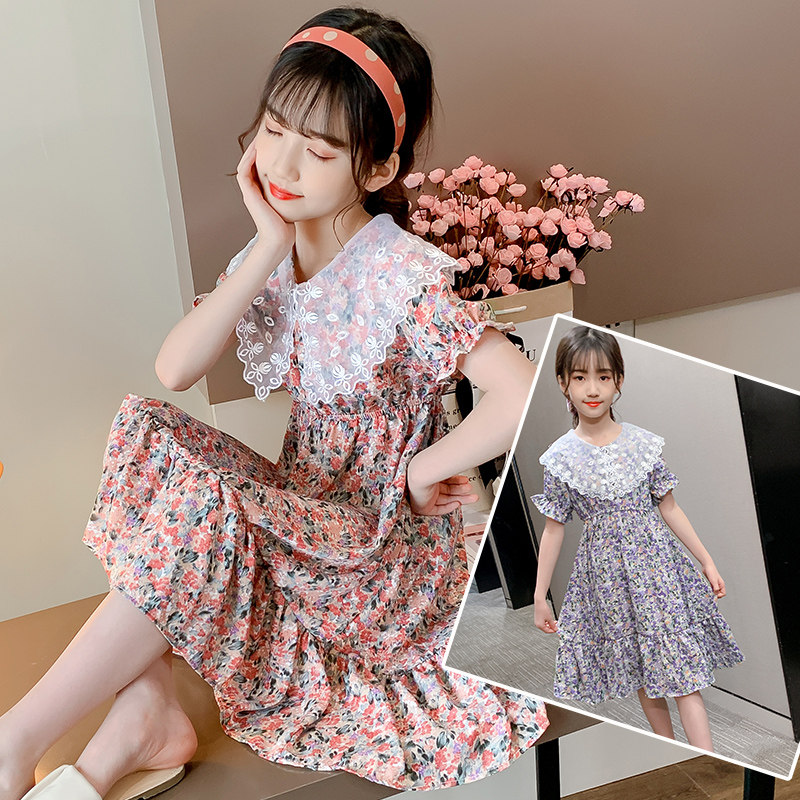 Girl's dress for summer clothes 2022 new CUHK Girl girl Broken Flowers Skirt Foreign Pie Children Summer Lace Princess Dress