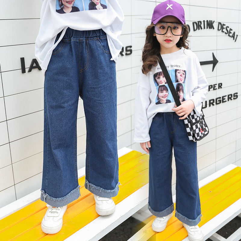 Girls' denim wide pants spring and autumn clothes 2020 new western style middle and big children's straight pants girls loose pants