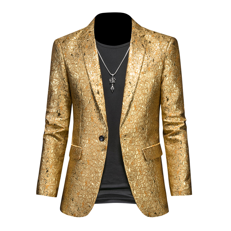 Men's Casual Fashion Gold Floral Suit Jacket Slim Fit Plus Size Banquet Stage Performance Dress Suit Top
